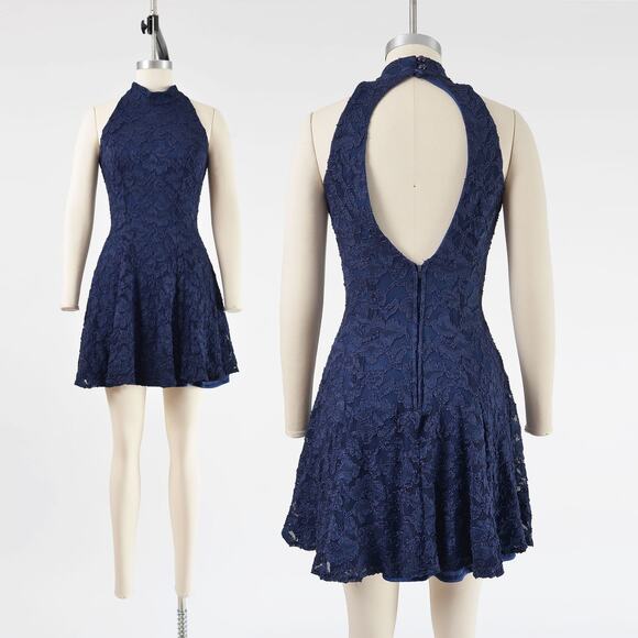 Vintage 90s Navy Lace Skater Dress Open Back Sleeveless Fit and Flare Mini XS - Picture 1 of 8
